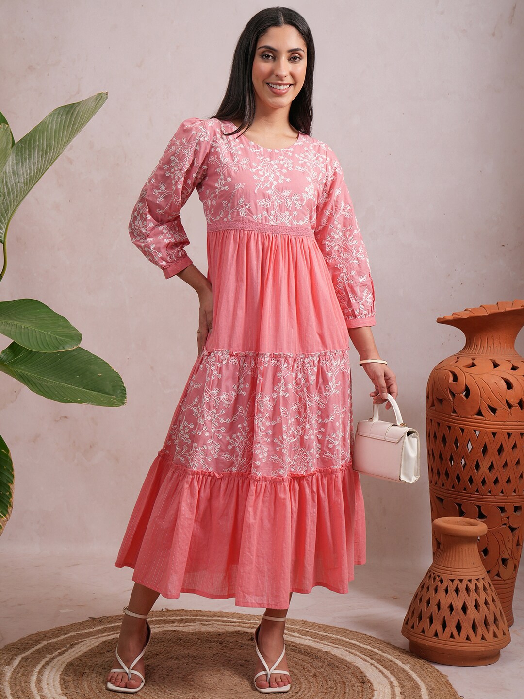 Buy Vishudh Pink Floral Embroidered Tiered Cotton Maxi Dress - Dresses ...