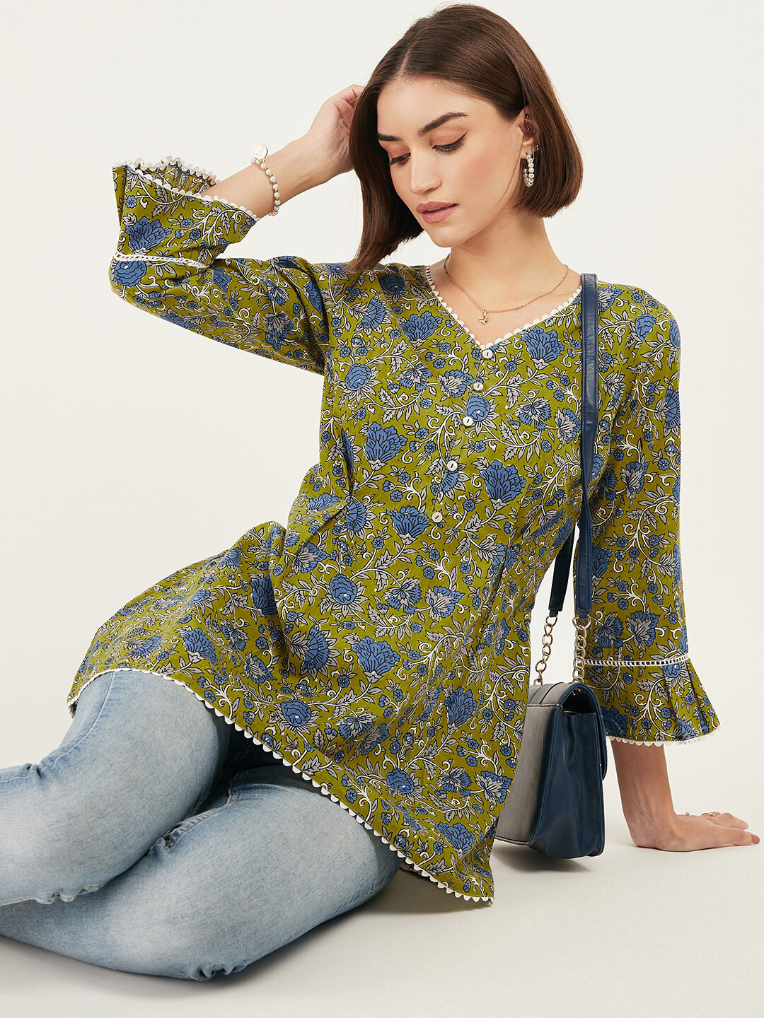 Brown Floral Print Bell Sleeve Top