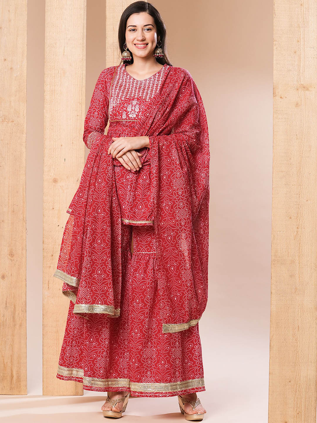 Pink Bandhani Printed A-Line Kurta Set