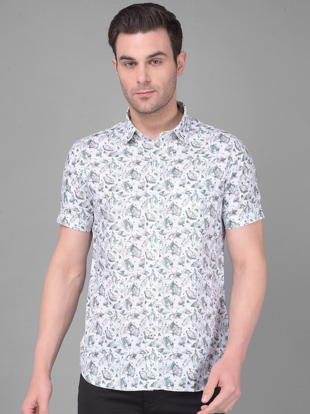 Men's White Smart Slim Fit Floral Printed Cotton Shirt