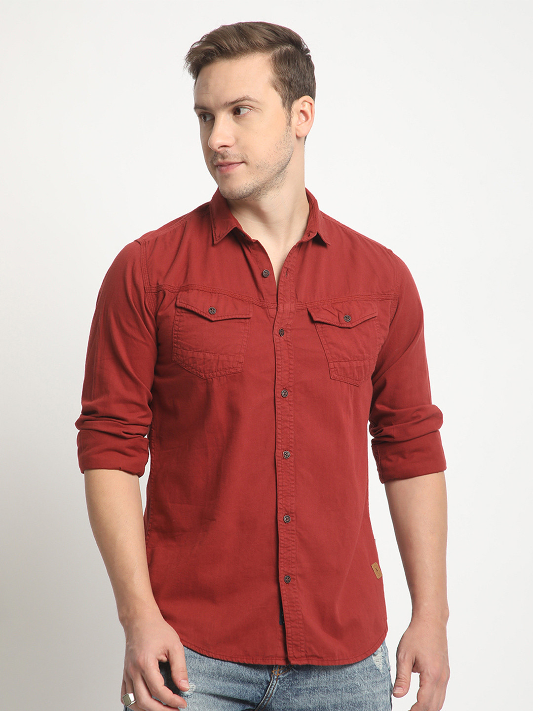 Men's Rust Standard Slim Fit Checked Spread Collar Cotton Casual Shirt
