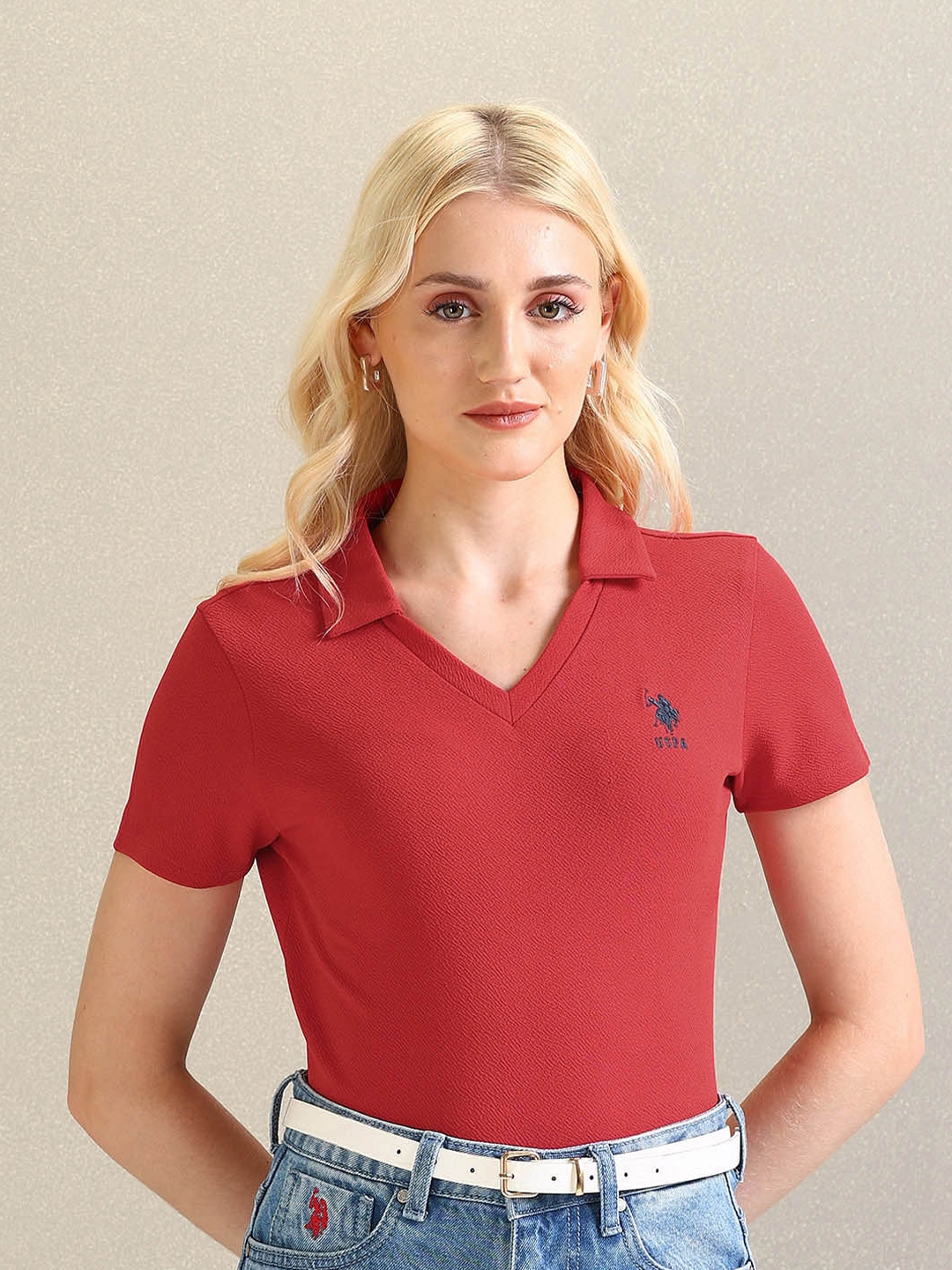 Buy U.S. Polo Assn. Women Self Design Textured V Neck Casual T Shirt ...