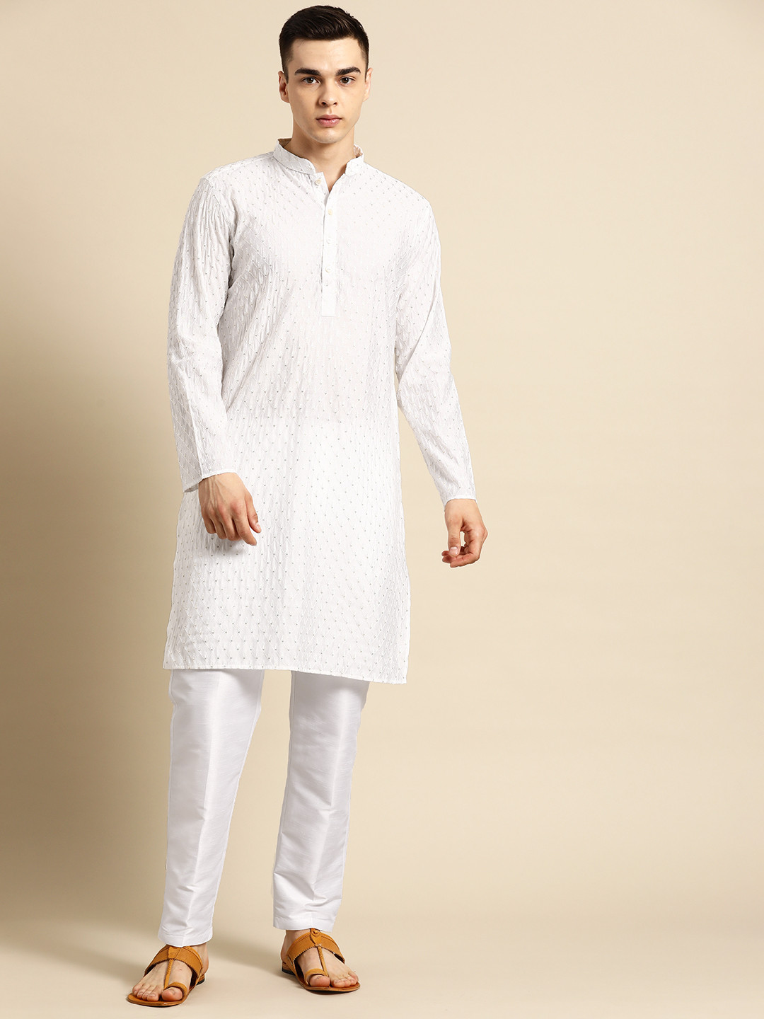Men Sequined Thread Embroidered Straight Kurta & Trousers Set