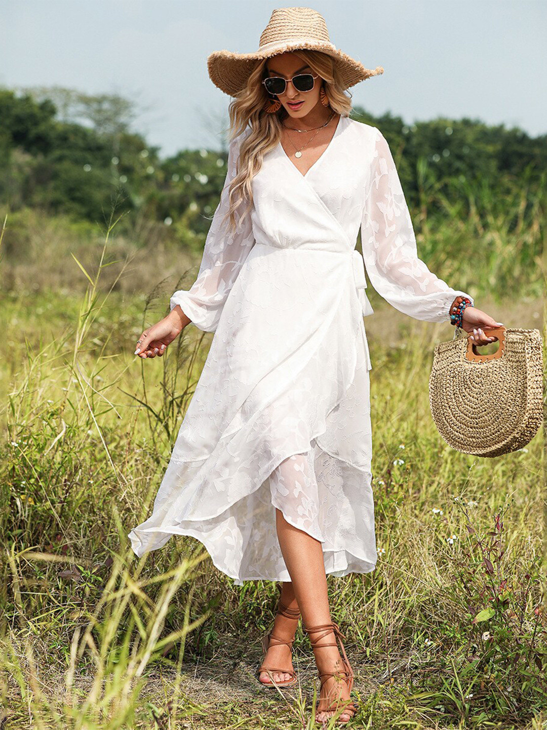 Buy StyleCast White Self Designed Puff Sleeves Wrap Midi Dress ...