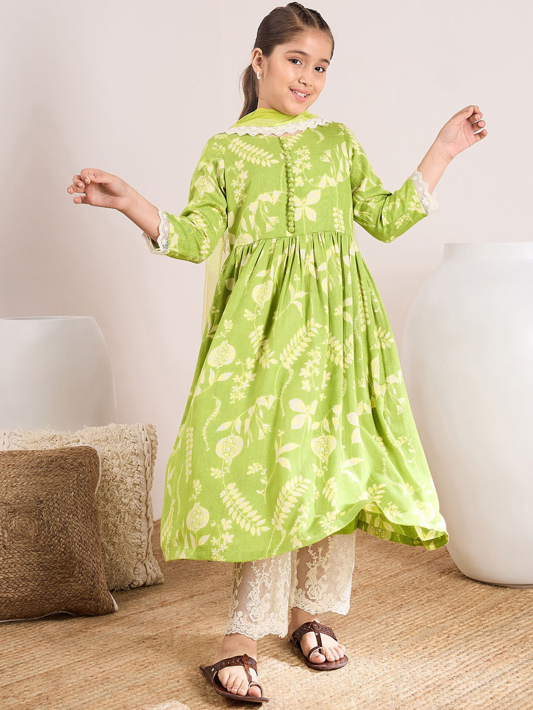 Girls Peach-Coloured Embroidered Kurta With Trousers & Dupatta