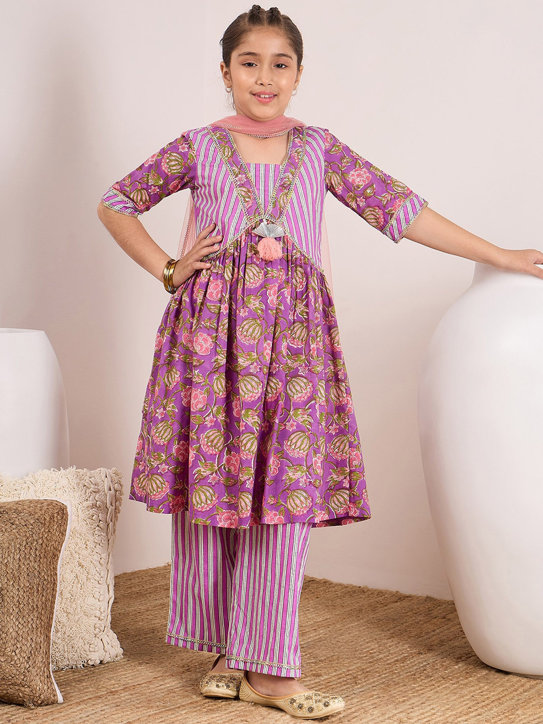Purple Printed A-Line Pure Cotton Kurta Sets With Dupatta