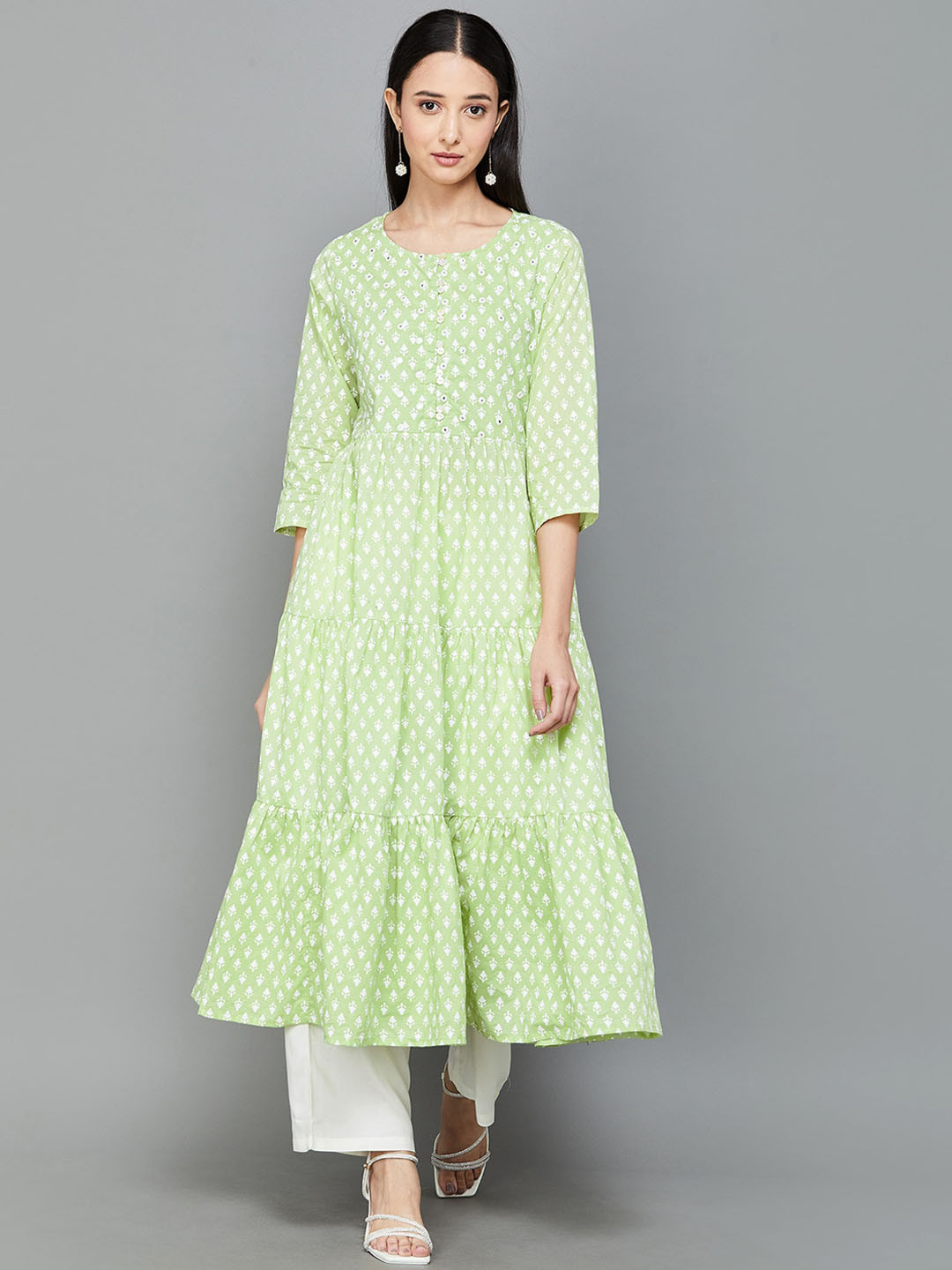 Buy Melange By Lifestyle Floral Embroidered Tiered Pure Cotton Anarkali ...