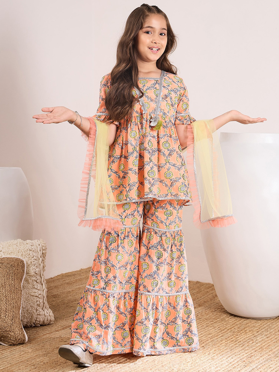 Girl's Peach Sleeveless Printed Kurta Sharara Set with Dupatta