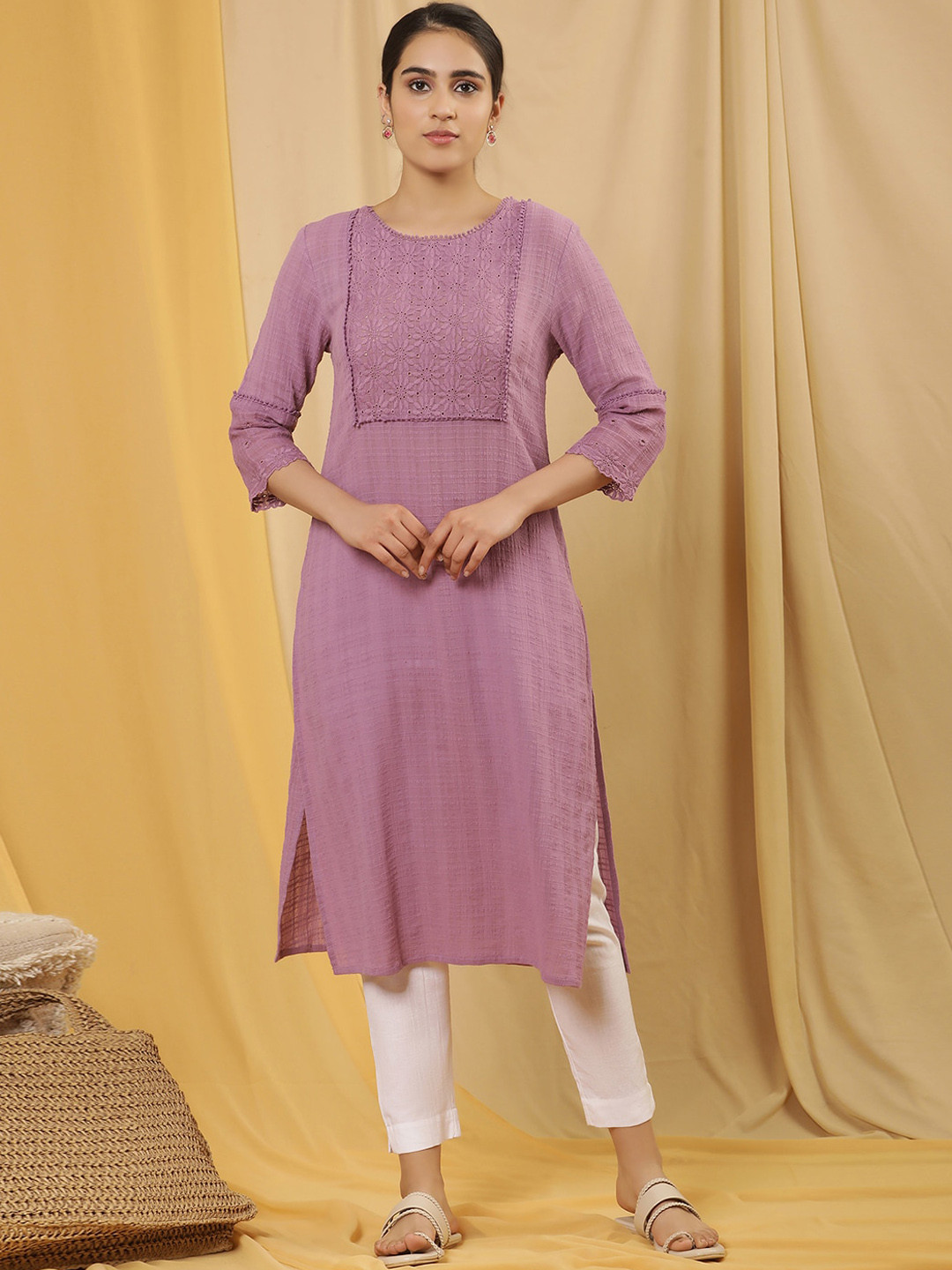 Purple Cotton Hand Block Print Straight Kurti for Women | Floral Ethnic Kurta with 3/4 Sleeves main image 1