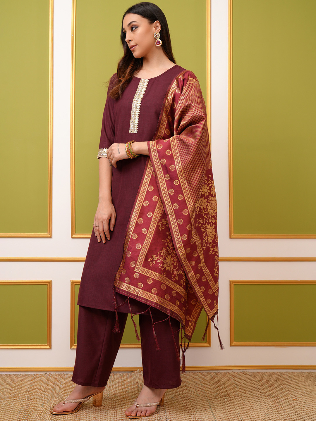 Women Blue Silk Blend Solid Yoke Design Straight Kurta Palazzos With Dupatta main image 0