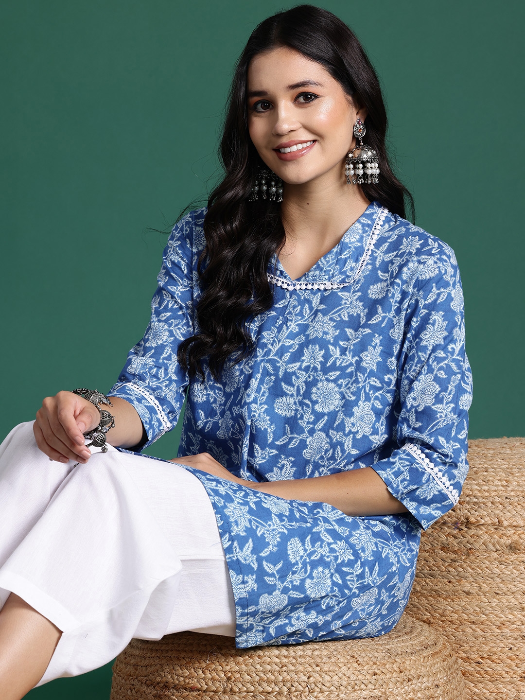 Buy Sangria Women Floral Printed Regular Pure Cotton Kurti With Dhoti ...