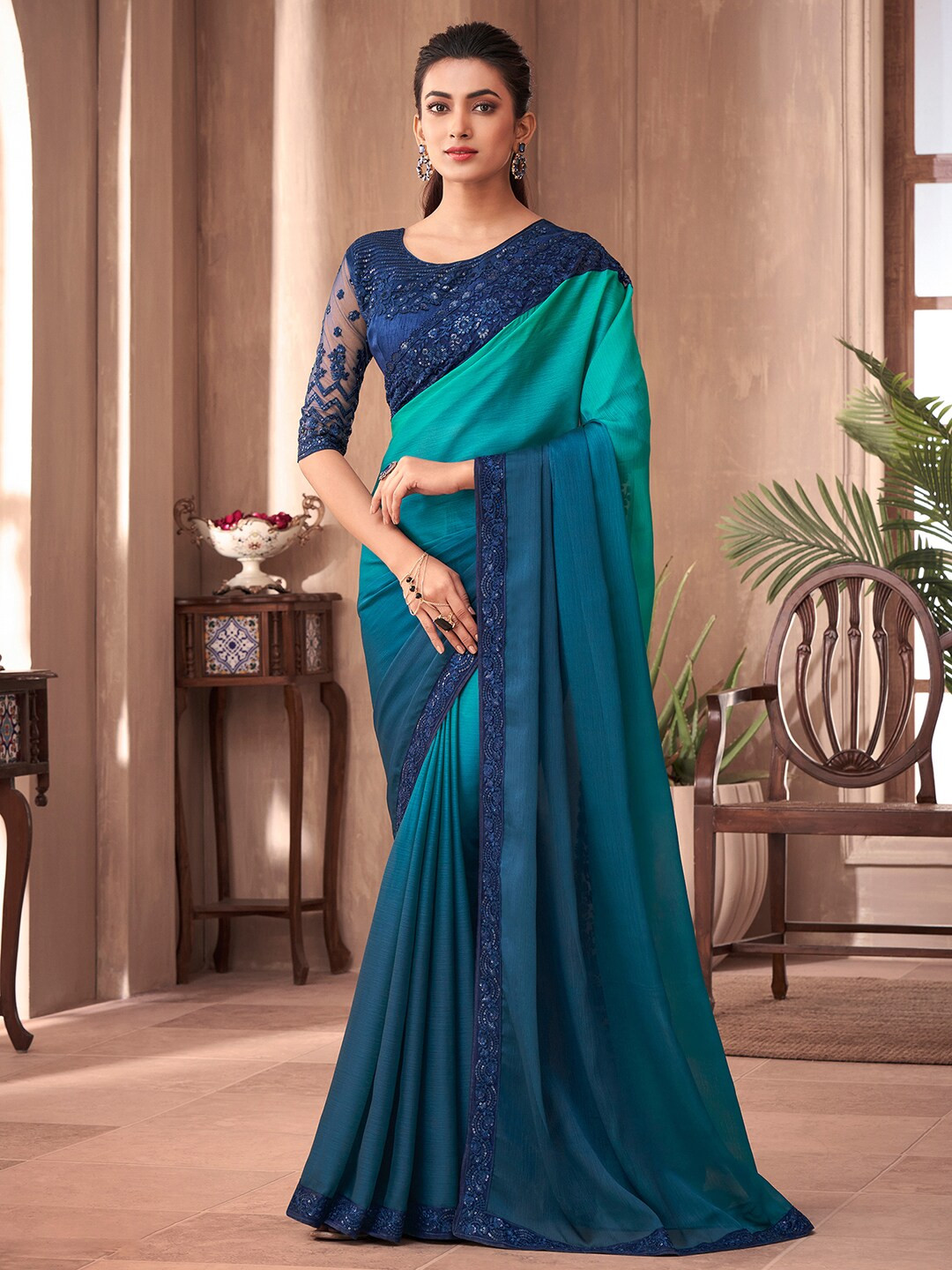 Teal Blue Embroidered Designer Ready to Wear Saree main image 1