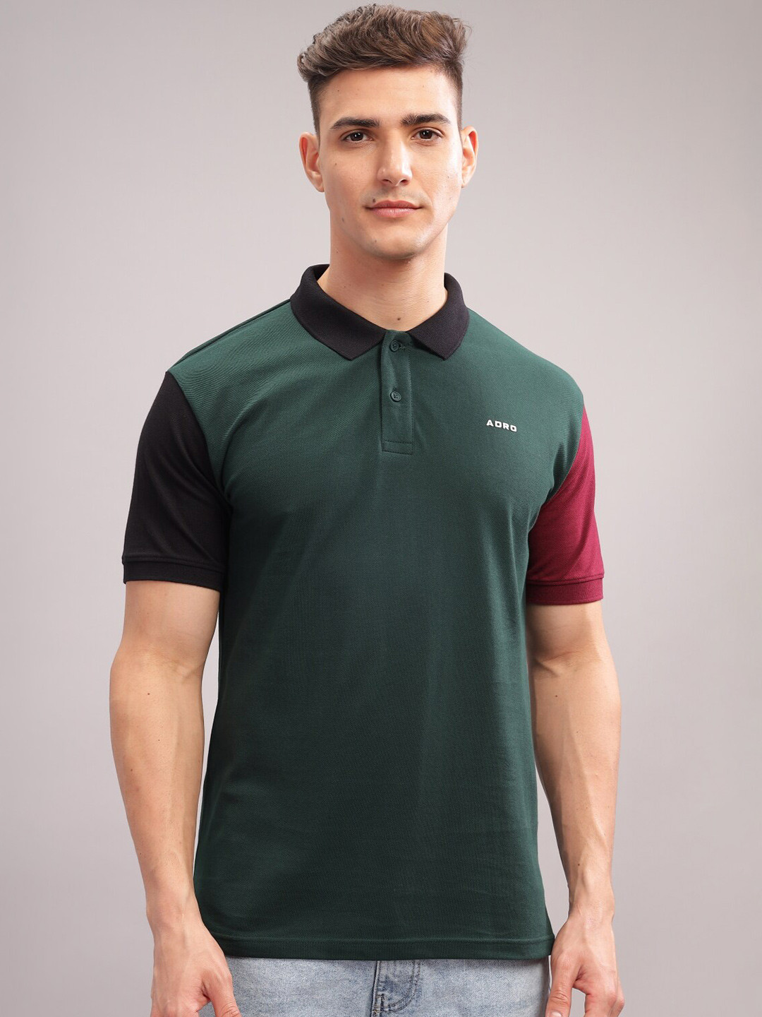 Buy ADRO Colourblocked Polo Collar Short Sleeves Pure Cotton Regular T ...