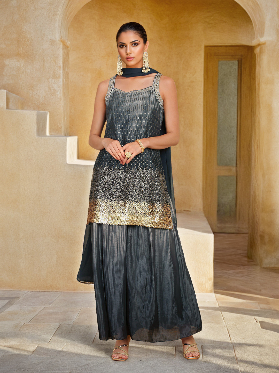 Girls Chevron Embroidered A-Line Kurta With Palazzos