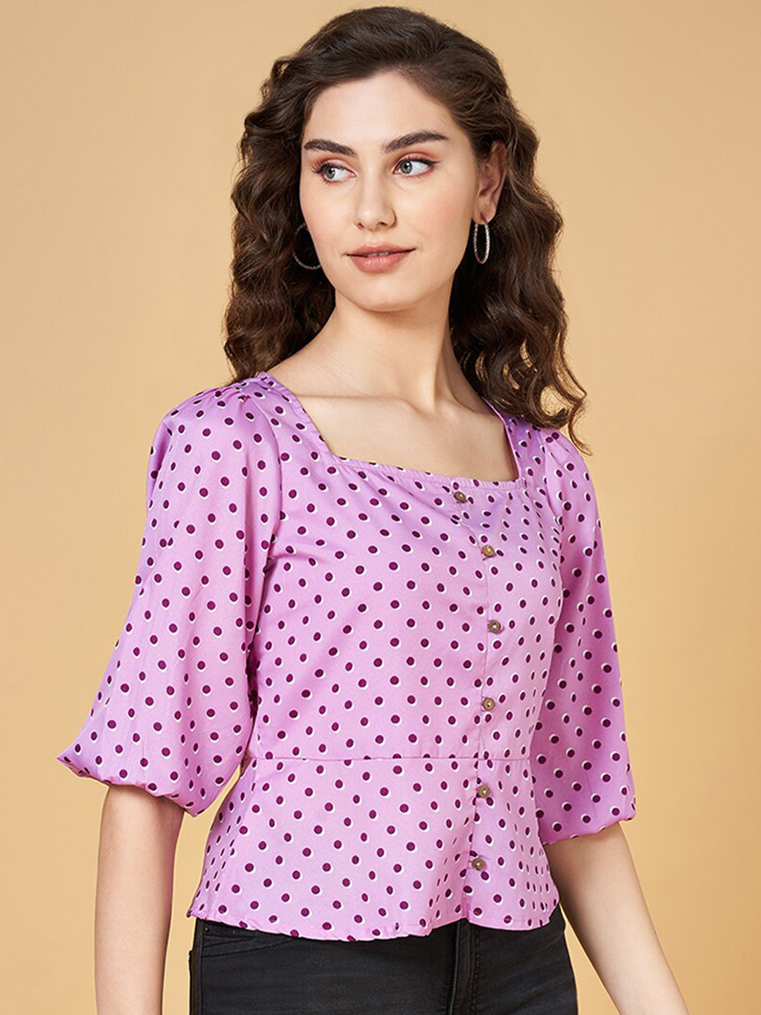 Polkadot Needlecord Puffed Sleeve Top in Sahara