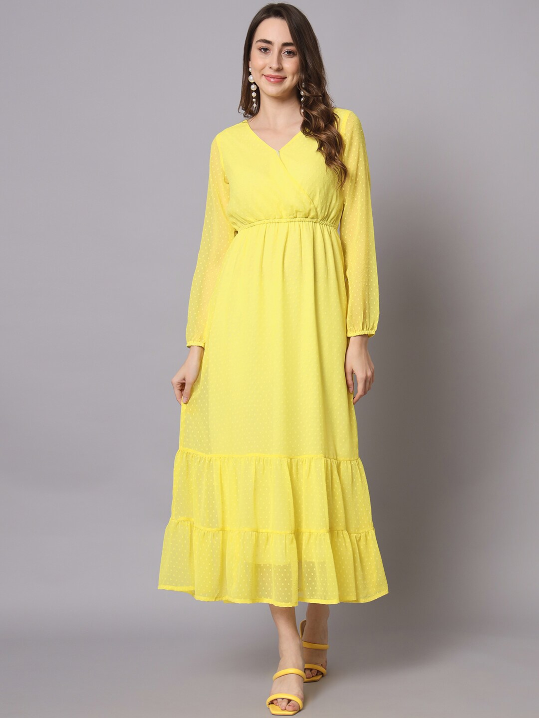 Buy HELLO DESIGN V Neck Long Puff Sleeves Georgette A Line Maxi Dress ...