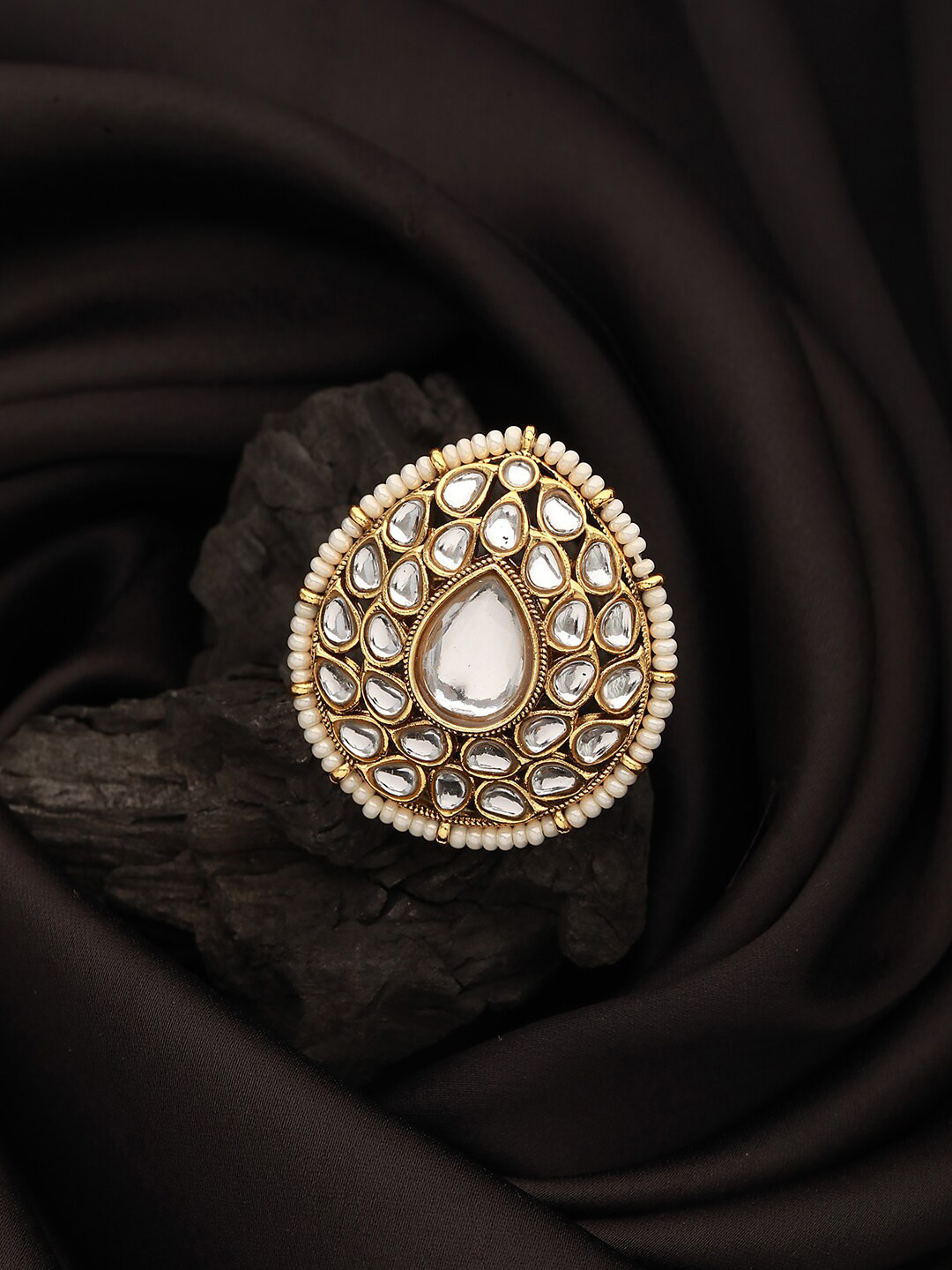 18k Gold Plated Traditional White Kundan & Pearl Studded Adjustable Finger Ring for Women