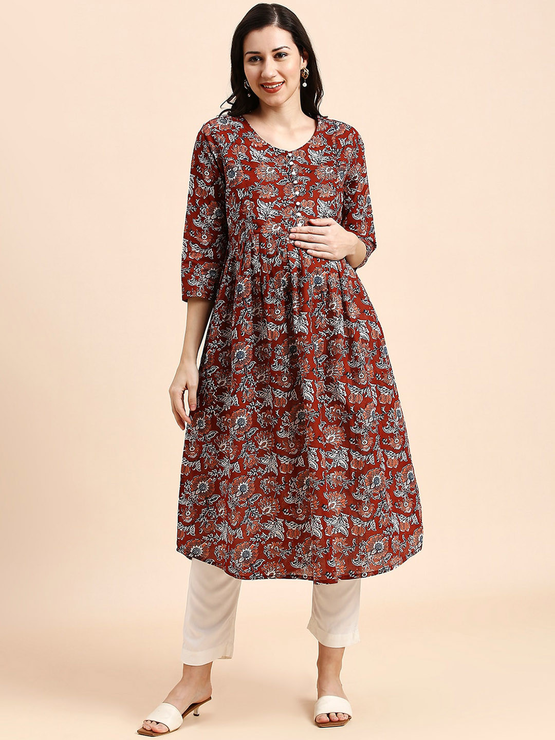 Ethnic Motifs Printed Tie-Up Neck Maternity Anarkali Kurta