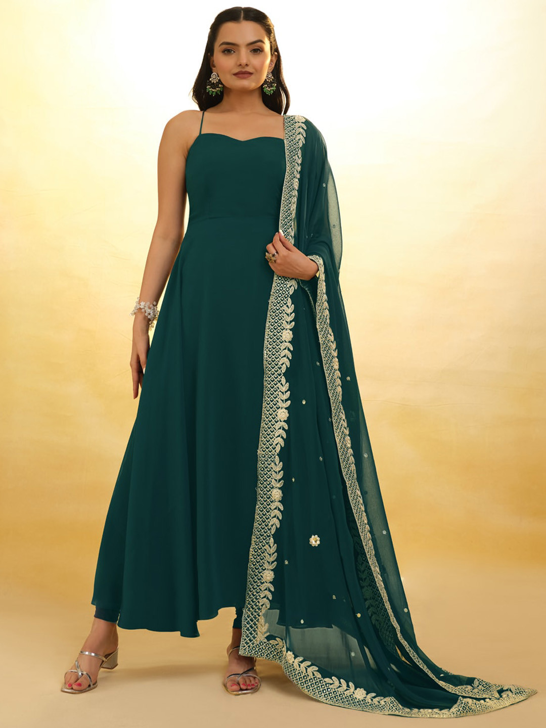 Floral Embroidered Square Neck Fit & Flare Ethnic Maxi Dress