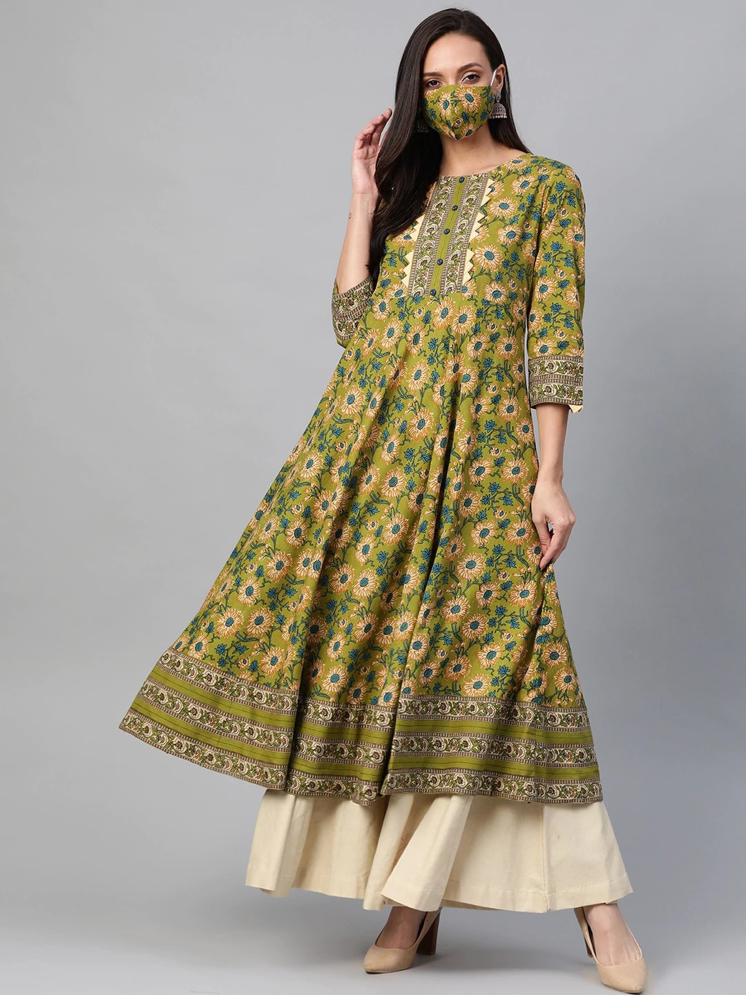 Lime Green Ethnic Motifs Printed Cotton Kurta Set for Women – Kurta with Striped Palazzos | Indiaista main image 0