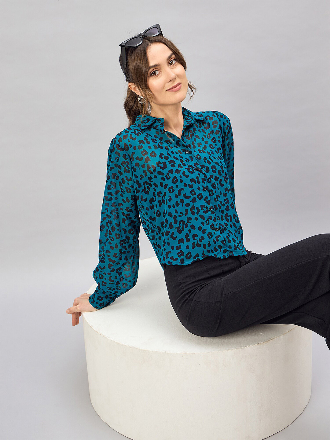 Women's Blue Floral Printed Georgette Top