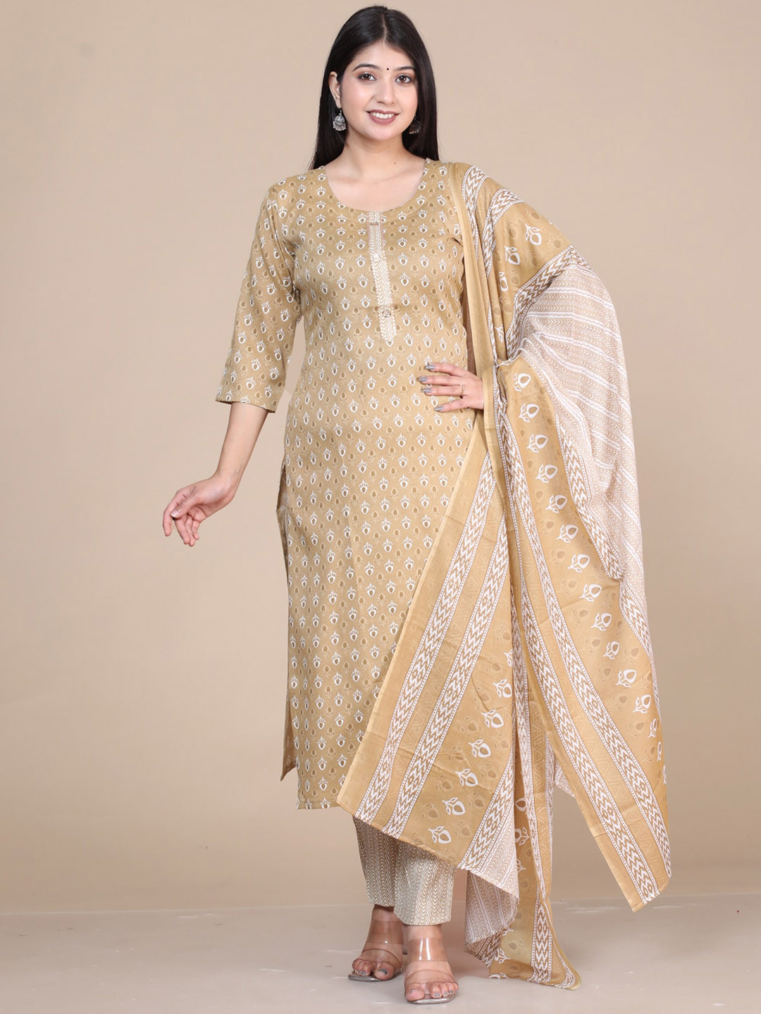 Women's Graphic Grey Ethnic Straight Kurta Set with Dupatta