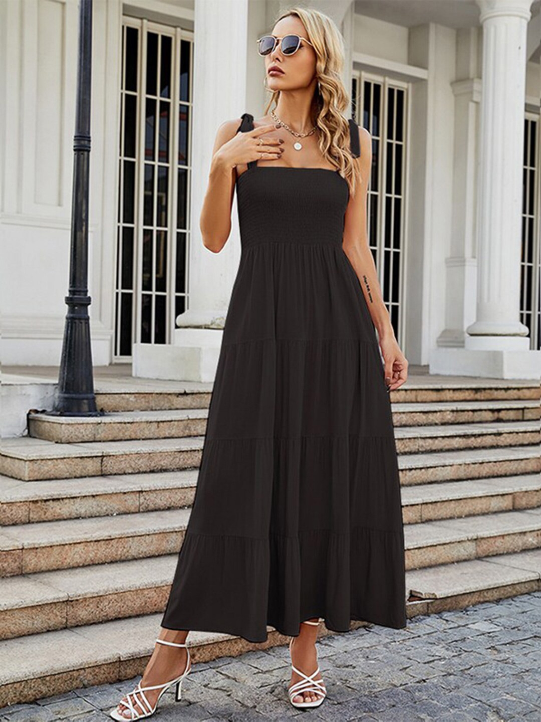 Buy StyleCast X Revolte Black Shoulder Strap Smocked Fit & Flare Maxi ...