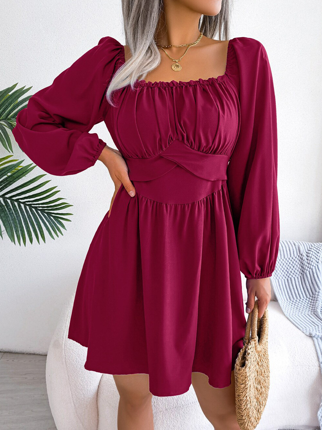 Women's Puff Rust Geometric Fit and Flare Dress