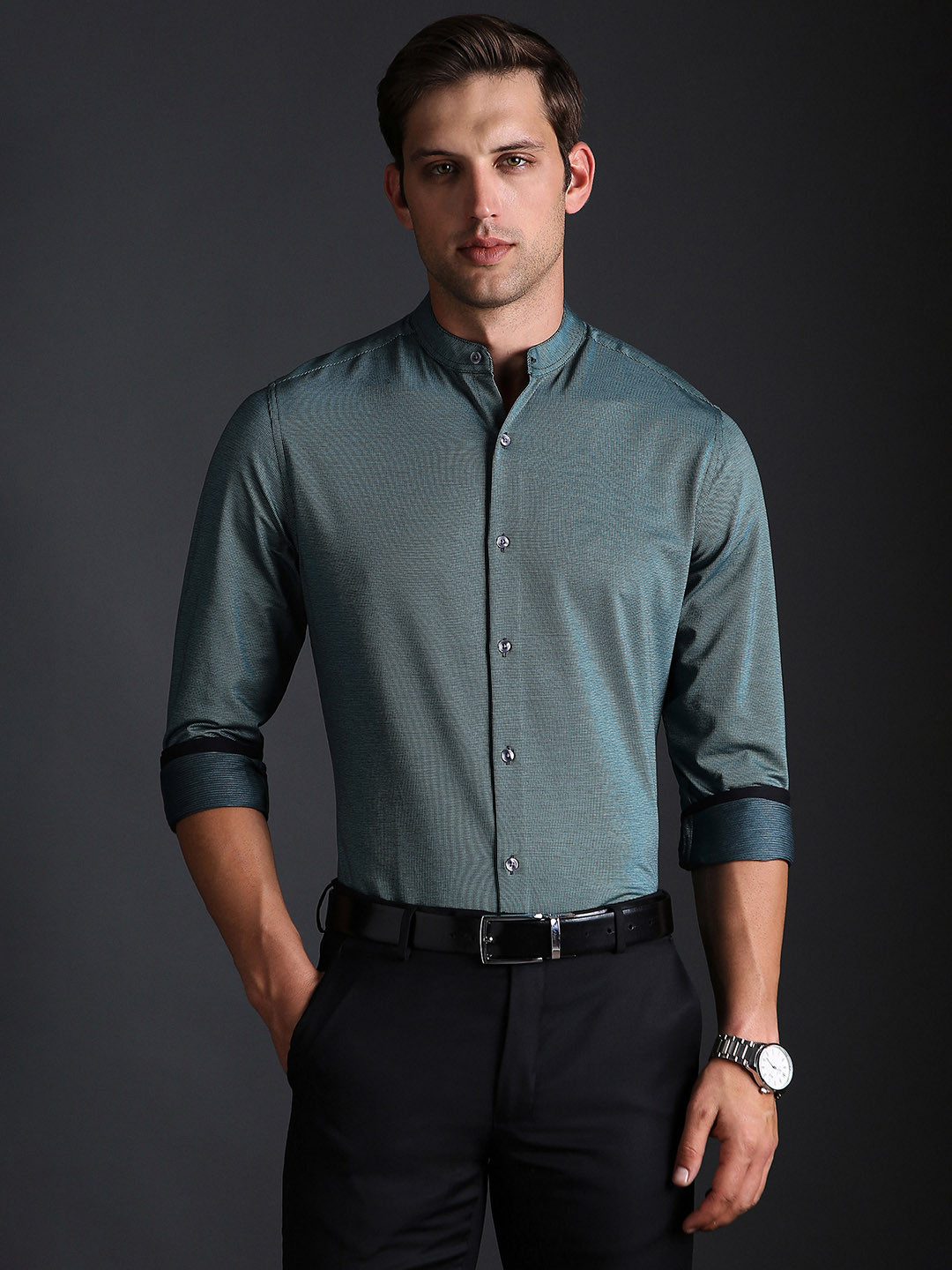 Green Slim Straight Fit Mandarin Collar Long Sleeves Cotton Men's Shirt by Being Human Clothing