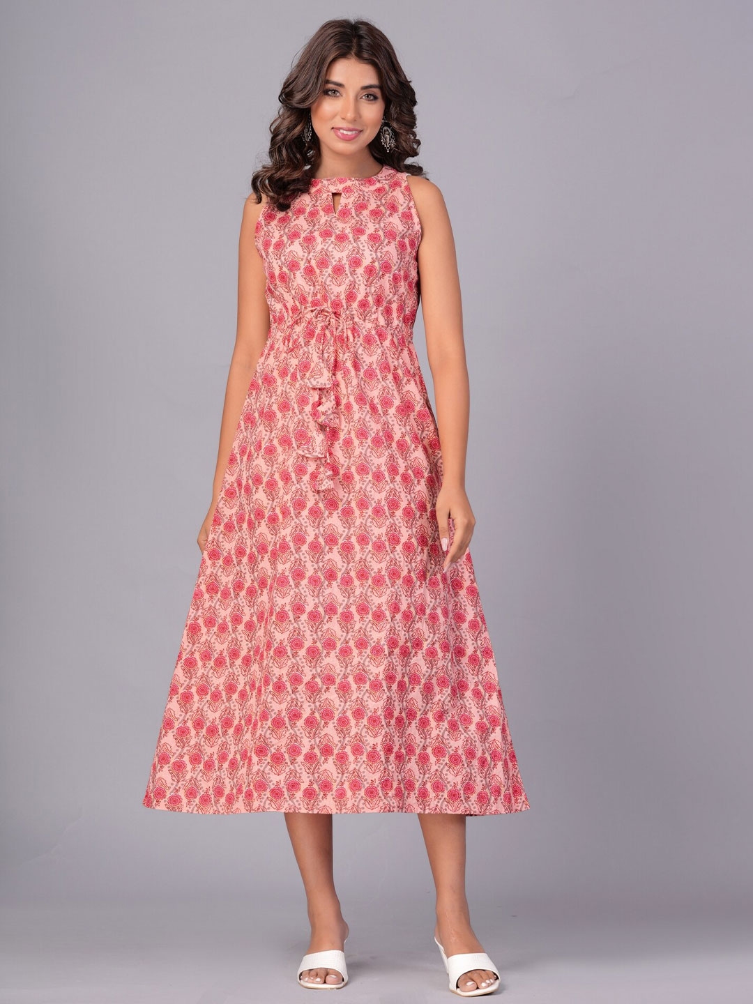 Buy KALINI Floral Printed Keyhole Neck Tie Ups Pure Cotton A Line Midi ...