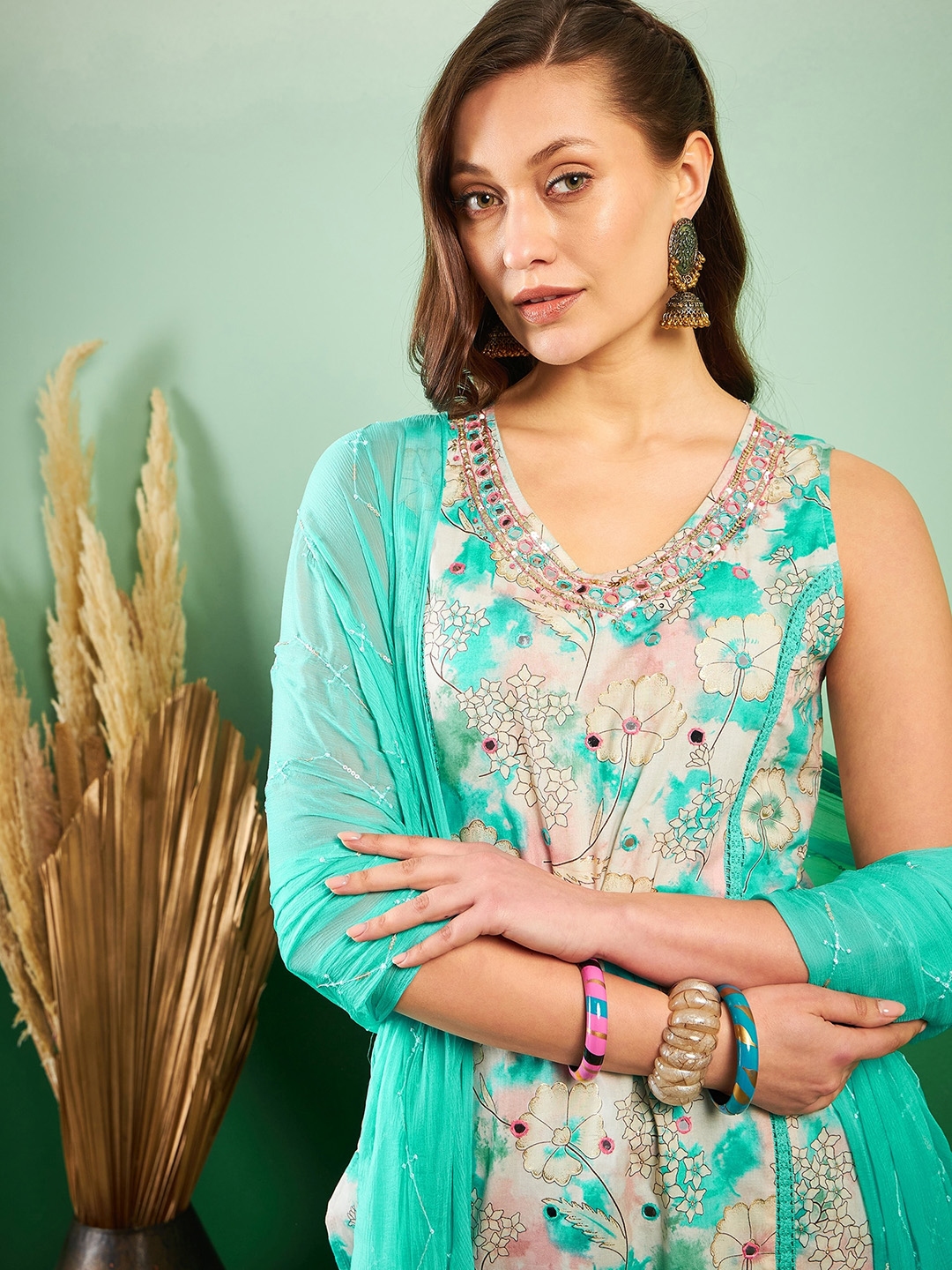 Buy Sangria Floral Printed & Embroidered Pure Cotton Straight Kurta ...