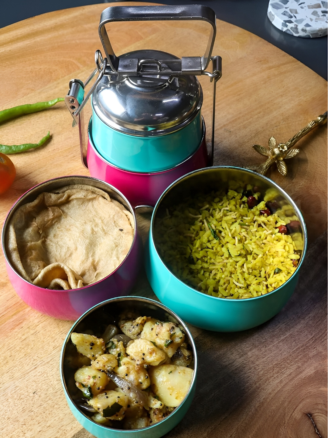 Buy Living With Elan Green & Pink Stainless Steel Lunch Box - Lunch Box ...