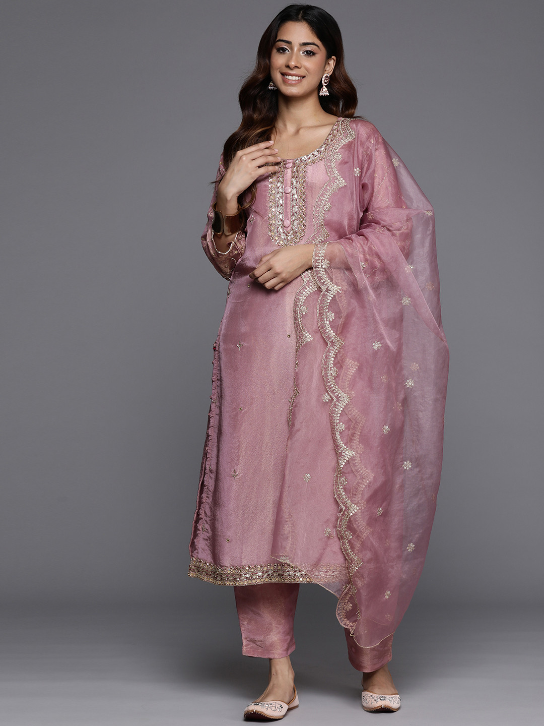 Women's Pink Floral Printed Beads and Stones Kurta Set With Dupatta