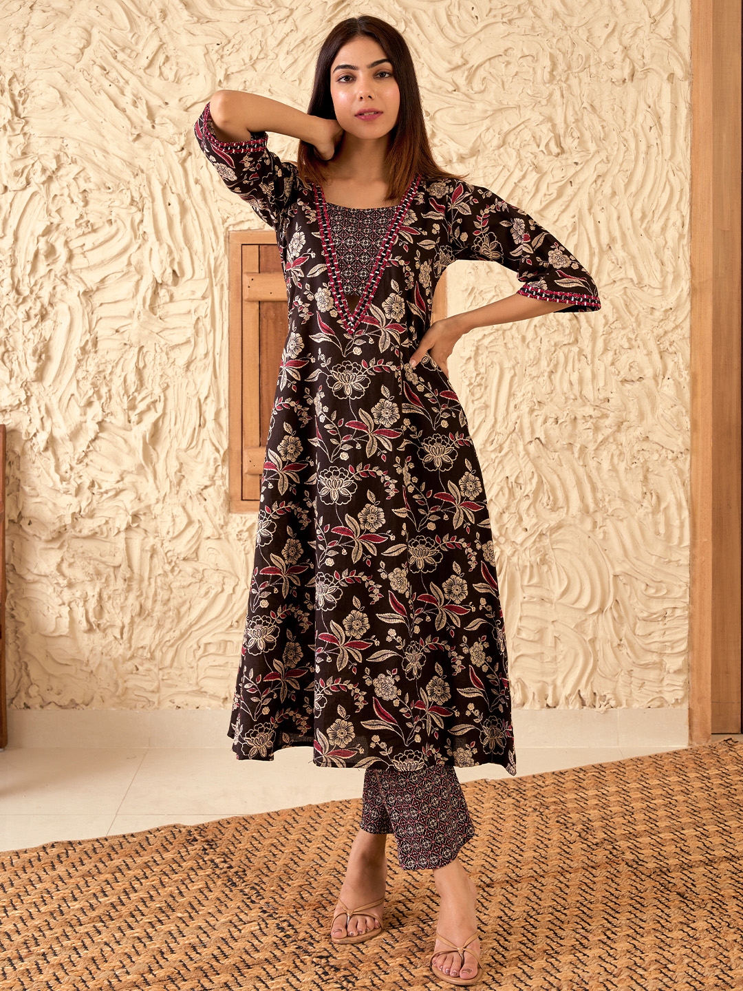 Buy Libas Floral Printed Mirror Work Pure Cotton Kurta With Palazzos ...