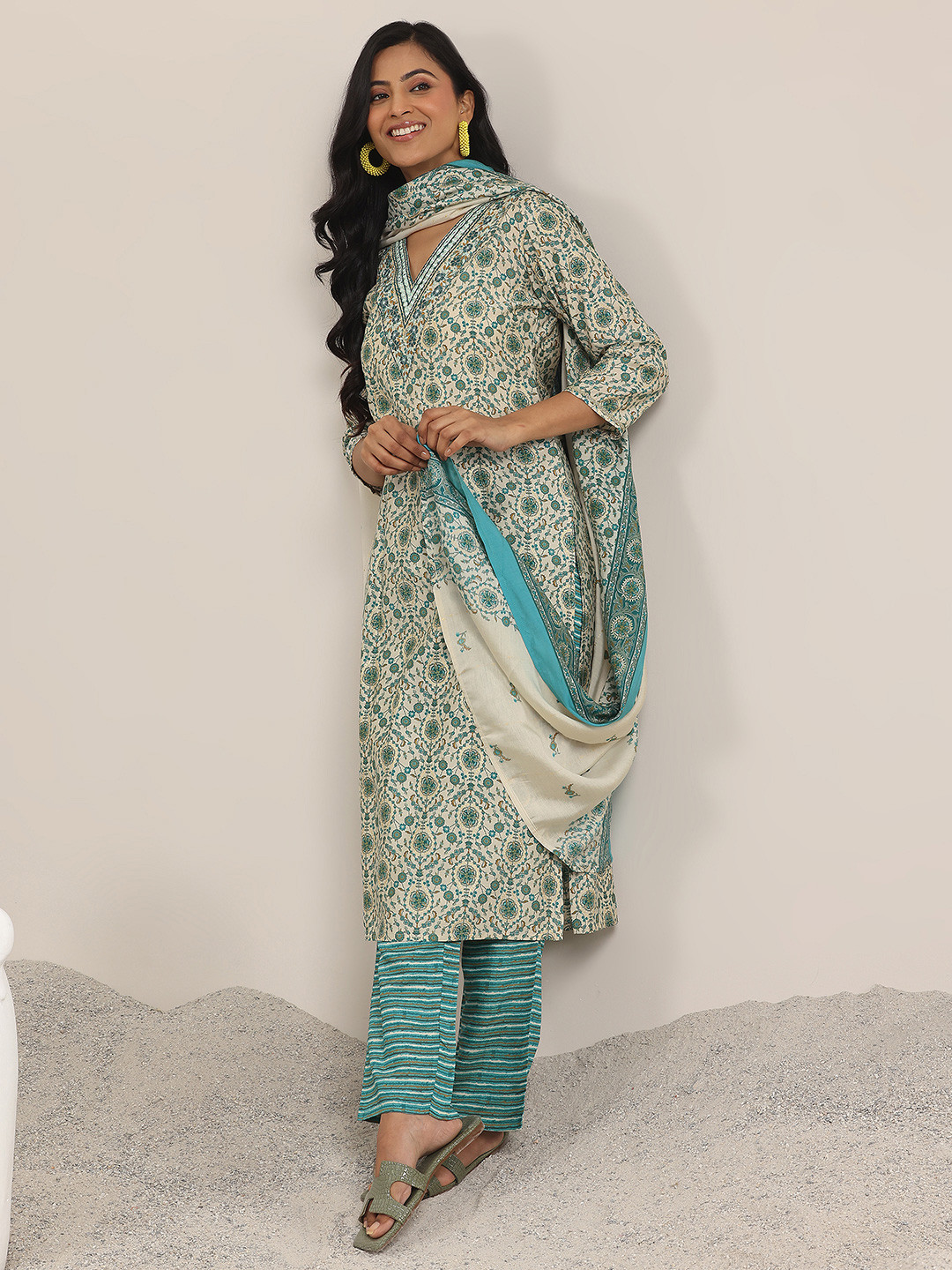 Libas Floral Yoke Design V-Neck Thread Work A-Line Kurta With Trousers And Dupatta main image 1