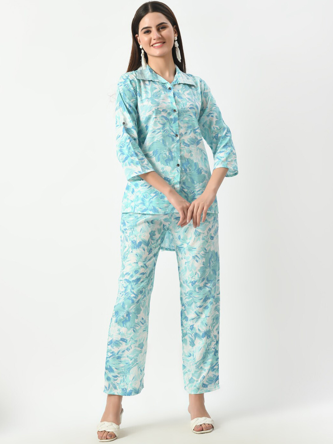 Shirt Collar Embroidered Cotton Shirt With Trousers Co-Ords Set blue