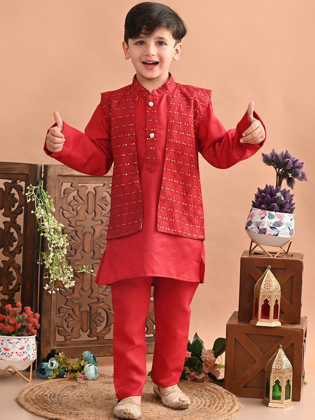 Nautinati Boys Striped Pure Cotton Asymmetric Kurta With Pyjamas Nehru Jacket