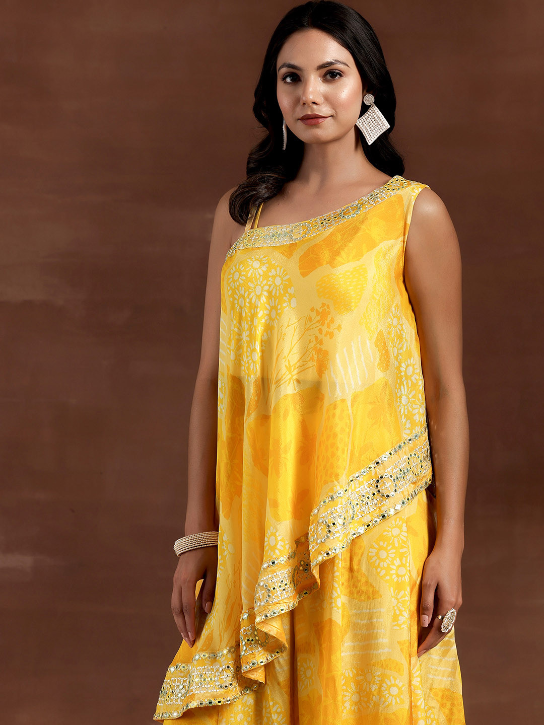 Women's Off White Dyed High Neck Tunic & Palazzos Set