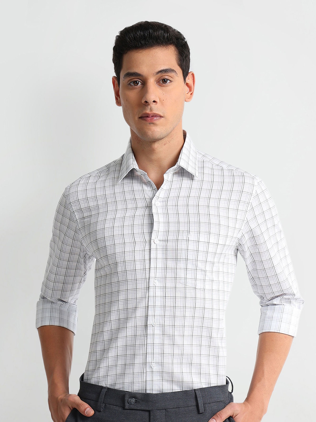 Buy Arrow Slim Fit Checked Spread Collar Long Sleeves Cotton Formal ...