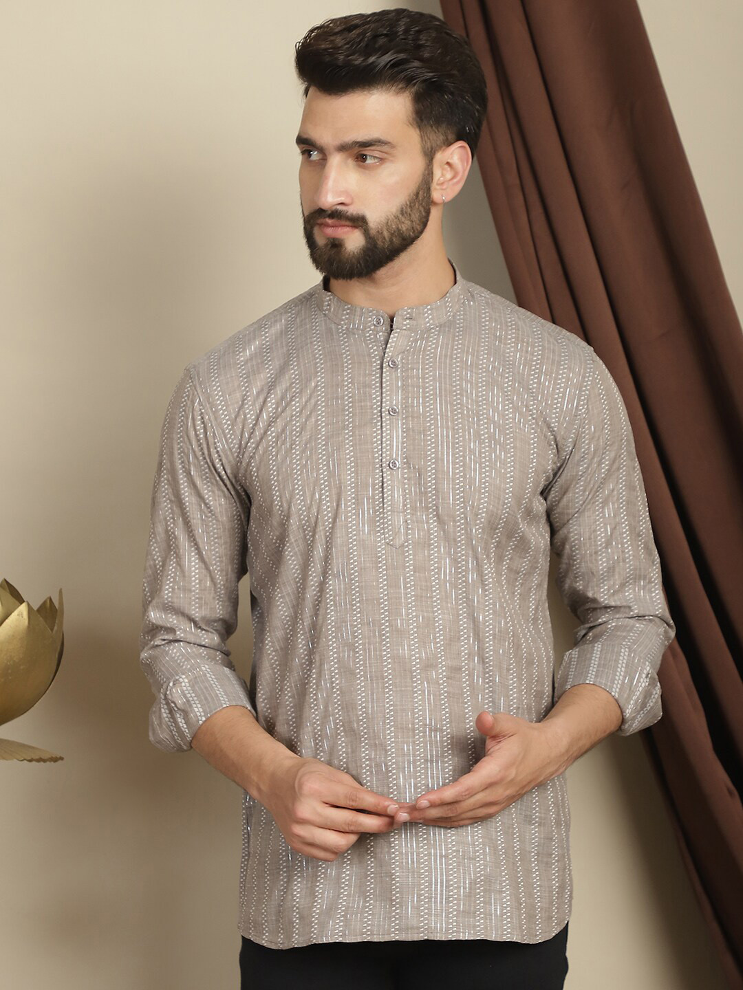 Men's Brown Hooded Striped Kurta
