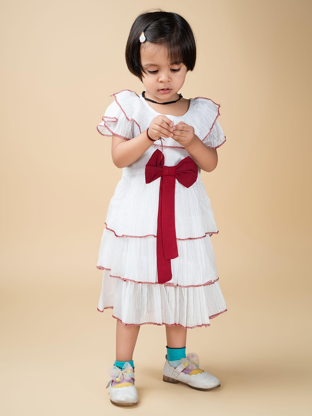 Buy SWAADHI Girls Self Design Flared Sleeves Cotton Fit & Flare Midi ...