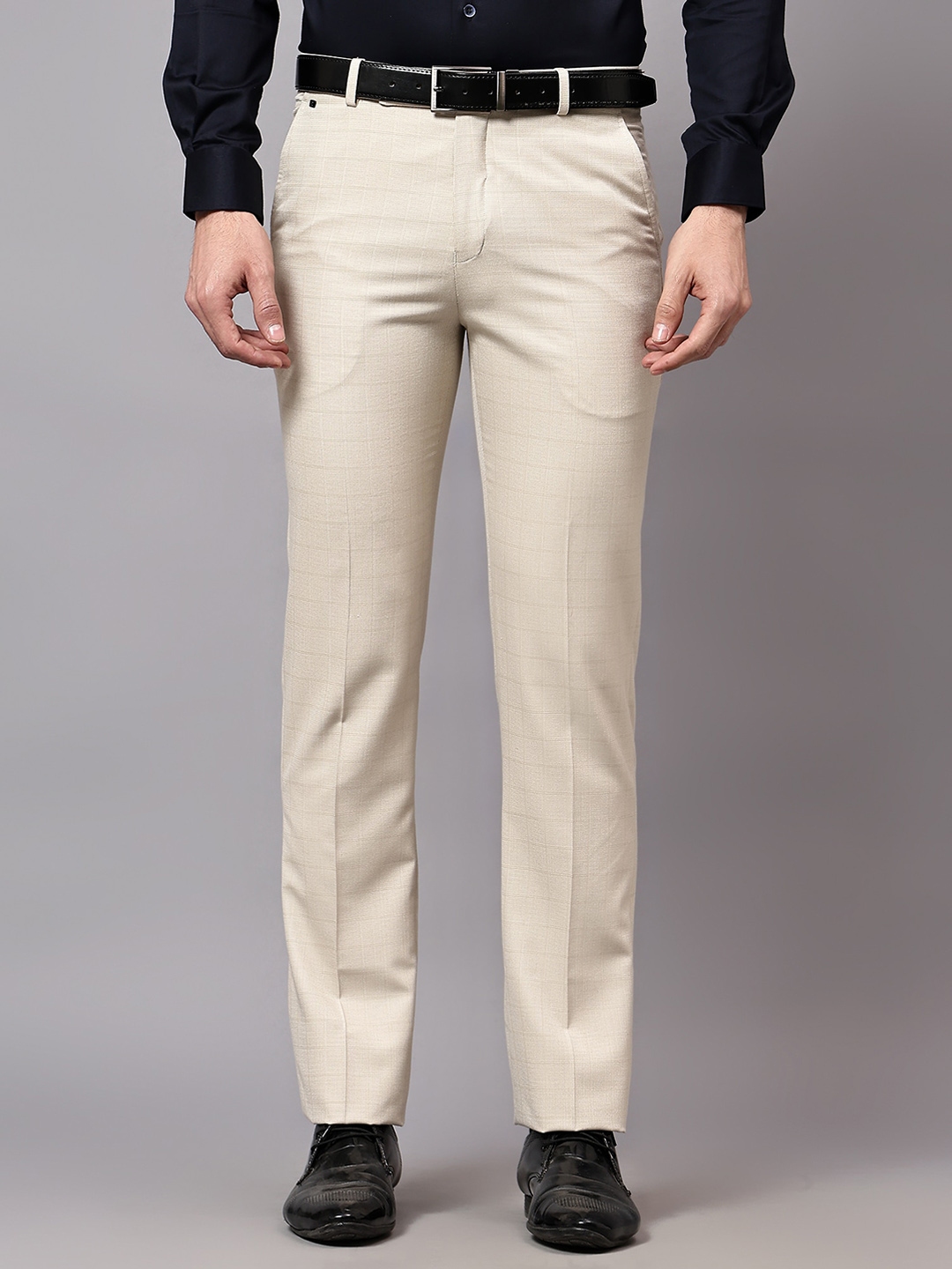Buy Cantabil Men Self Design Mid Rise Regular Fit Formal Trousers ...