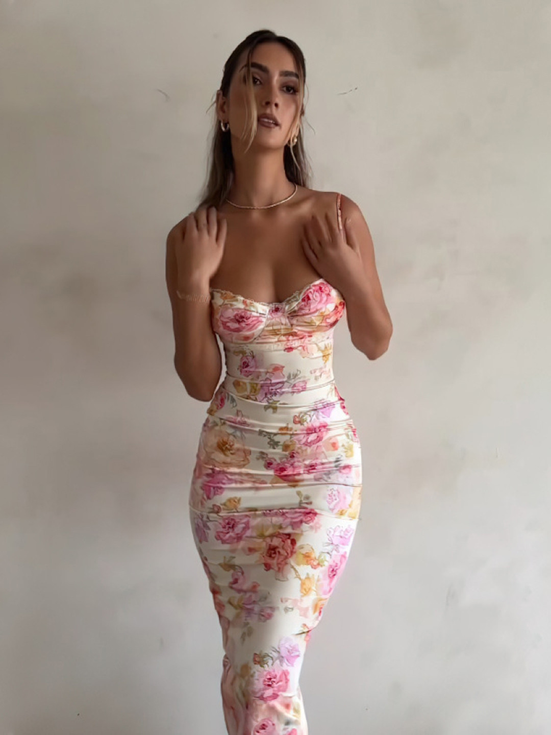Back Low-cut Slit Floral Print Bodycon Midi Cami Dress