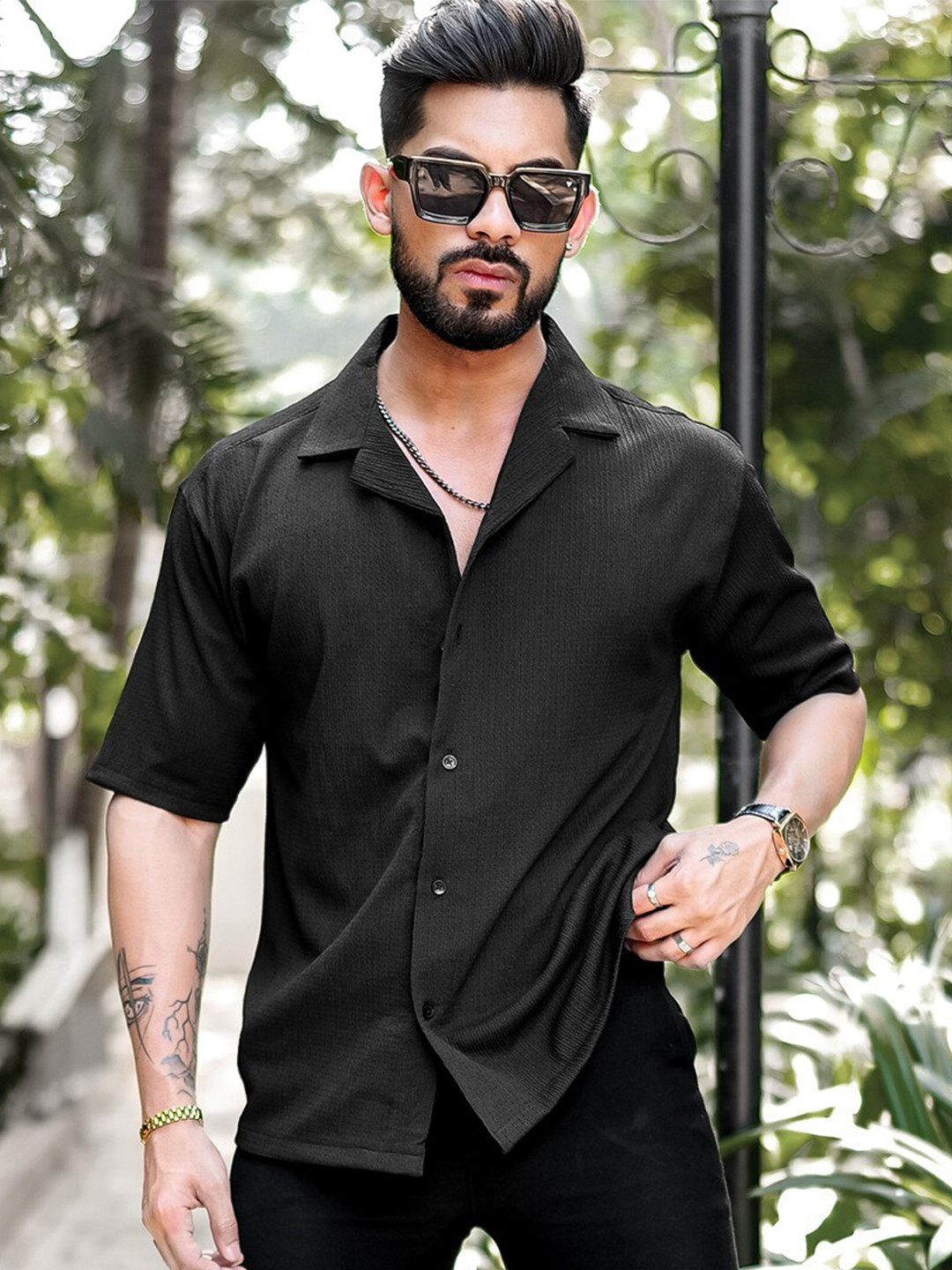 Men's Yellow Comfort Relaxed Fit Cuban Collar Abstract Printed Cotton Casual Shirt