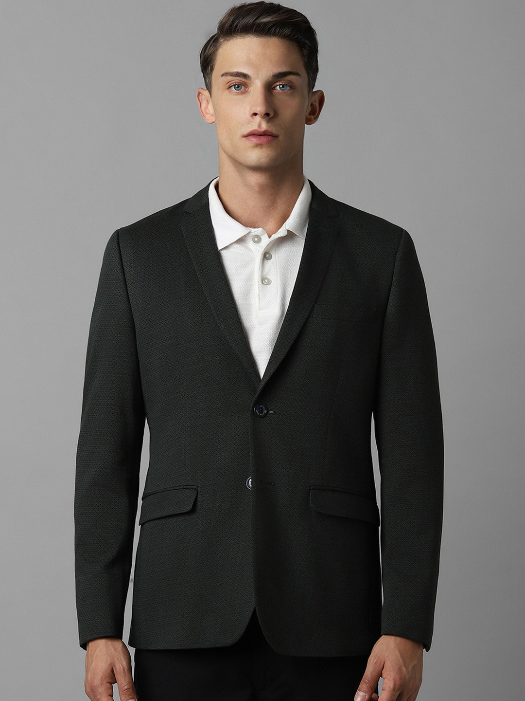 Men's Black Self Designed Slim Fit Single Breasted Blazer