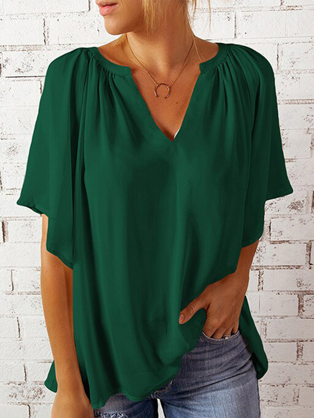 V-neck Kimono Sleeve Tie Waist Top-Blue/White Print