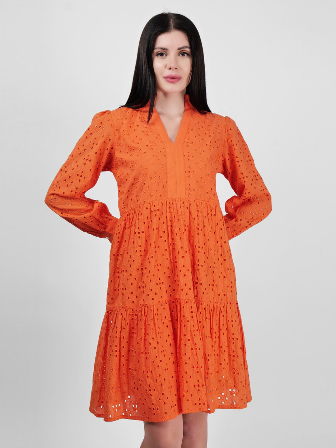 Buy DRIRO Self Design Flared Cotton Mandarin Collar Puff Sleeve Fit ...