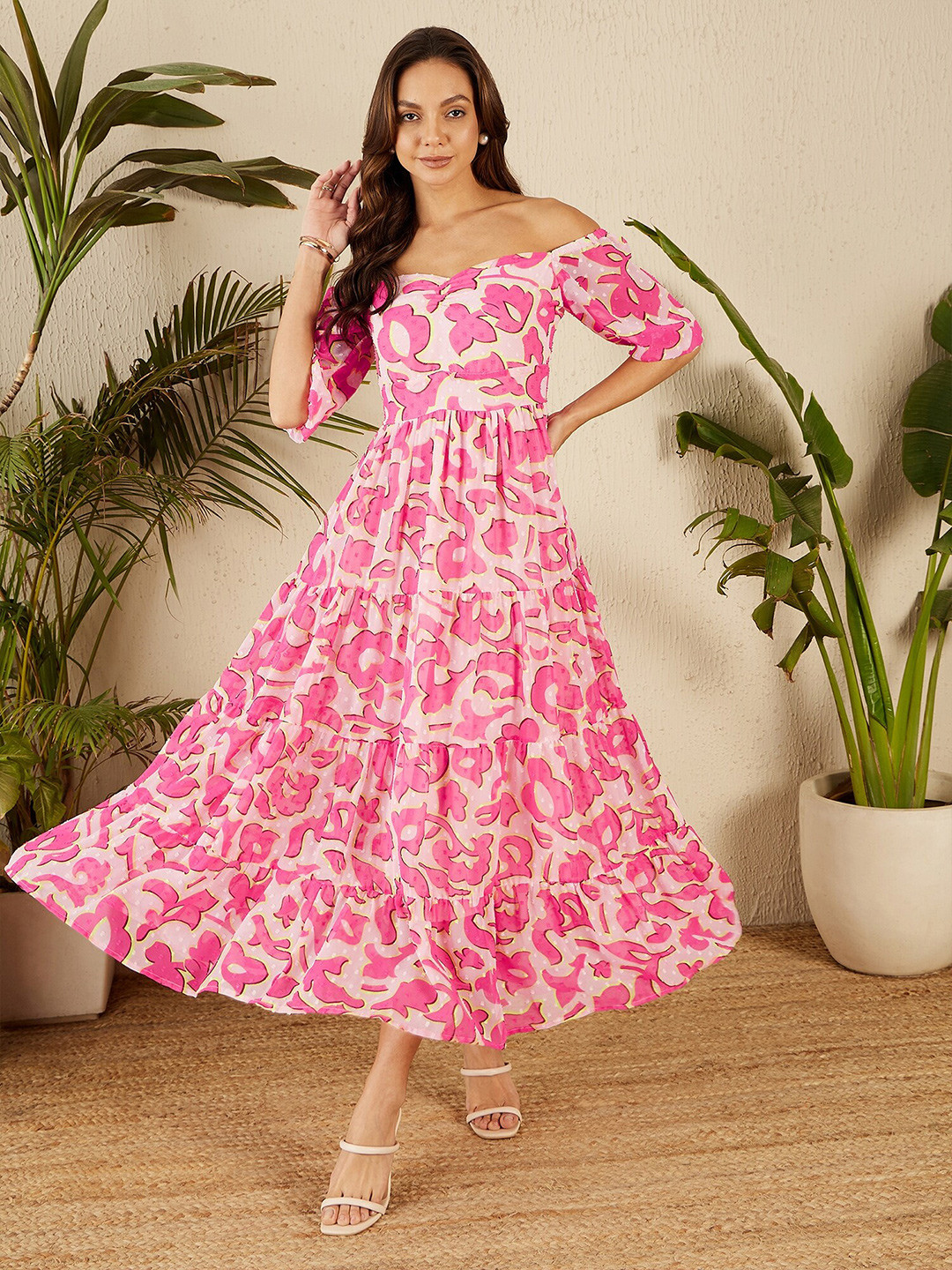 Indian Floral Off Shoulder Smocked Maxi Dress main image 0