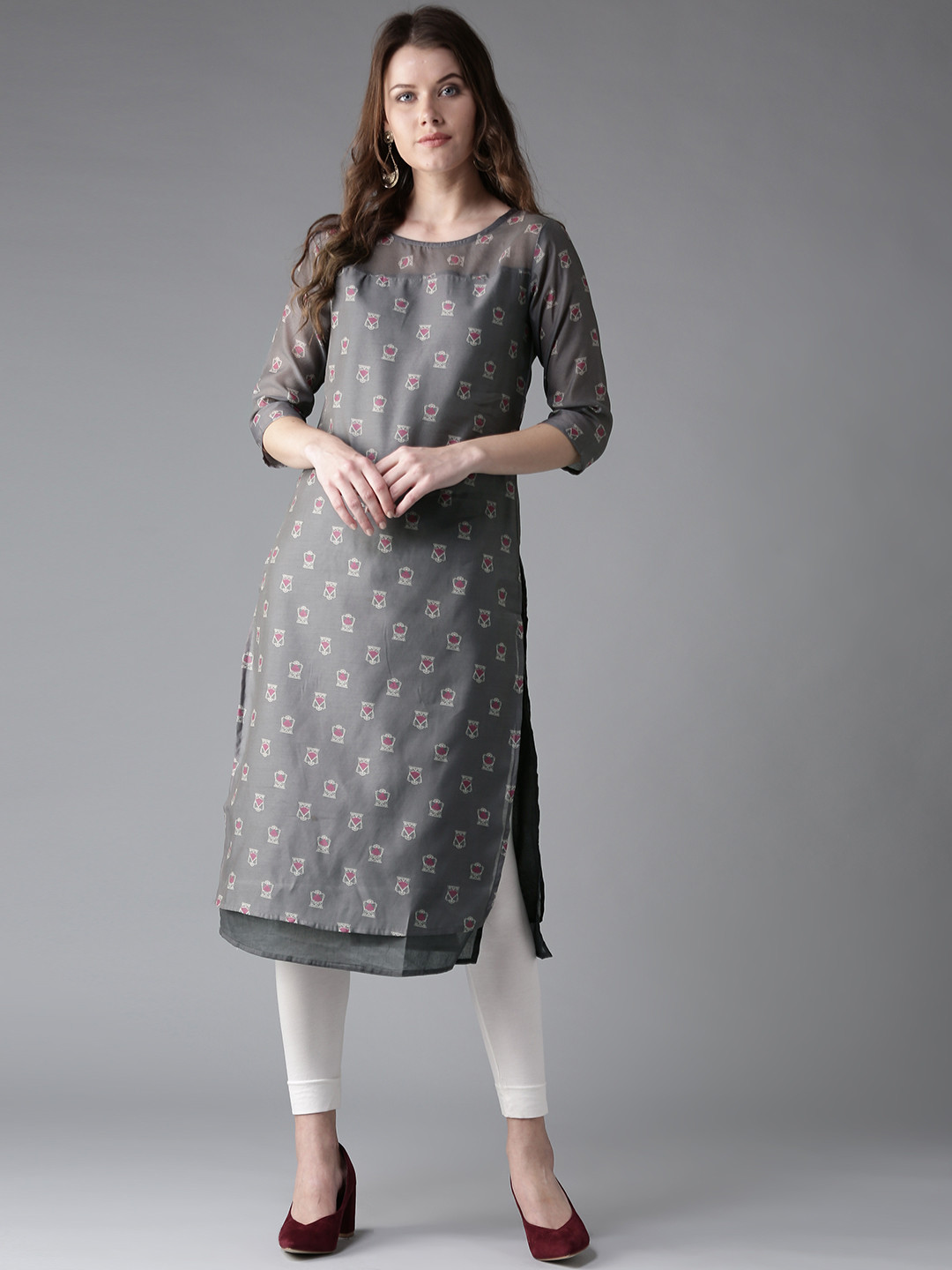 Women Grey Printed Straight Sleeveless Kurta