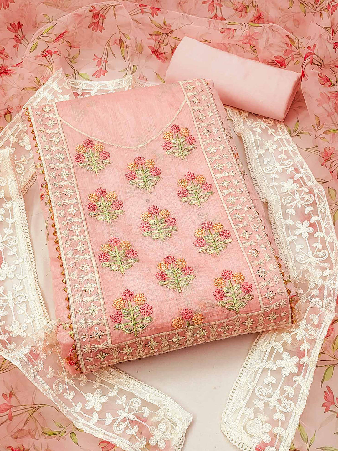 Peach - Hand Embroidered Muslin 3pc Unstitched Dress Material 24